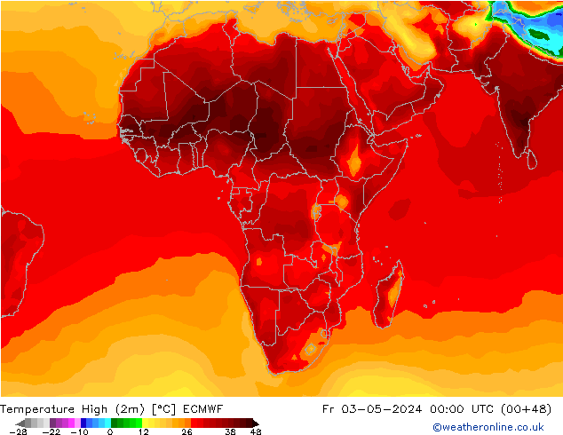 Max.temperatuur (2m) ECMWF vr 03.05.2024 00 UTC