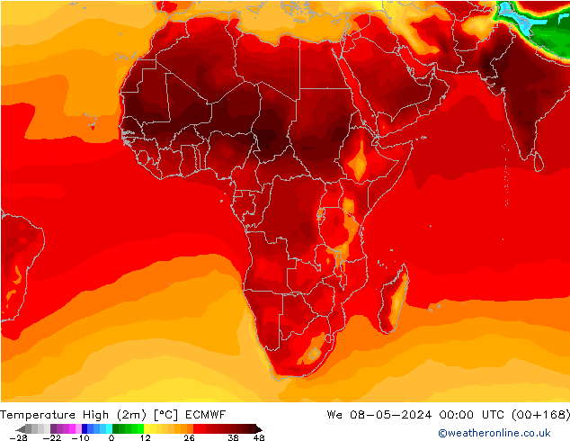 Nejvyšší teplota (2m) ECMWF St 08.05.2024 00 UTC