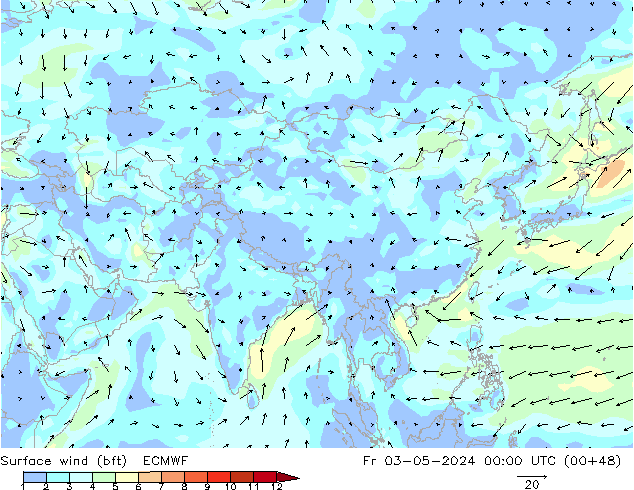 Rüzgar 10 m (bft) ECMWF Cu 03.05.2024 00 UTC