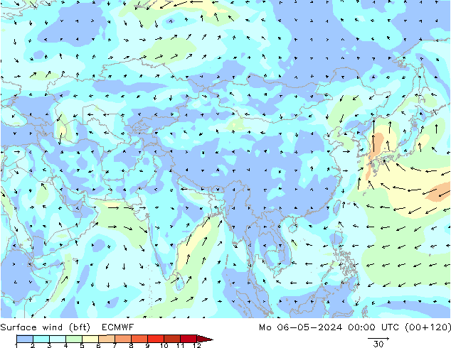 wiatr 10 m (bft) ECMWF pon. 06.05.2024 00 UTC