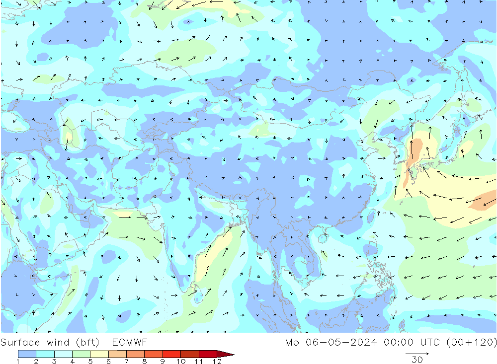 Surface wind (bft) ECMWF Po 06.05.2024 00 UTC