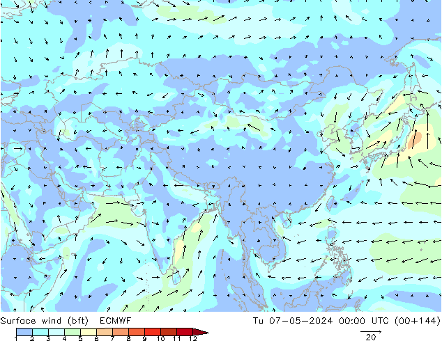 Surface wind (bft) ECMWF Tu 07.05.2024 00 UTC
