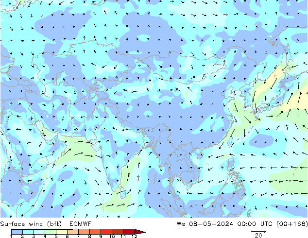 Wind 10 m (bft) ECMWF wo 08.05.2024 00 UTC