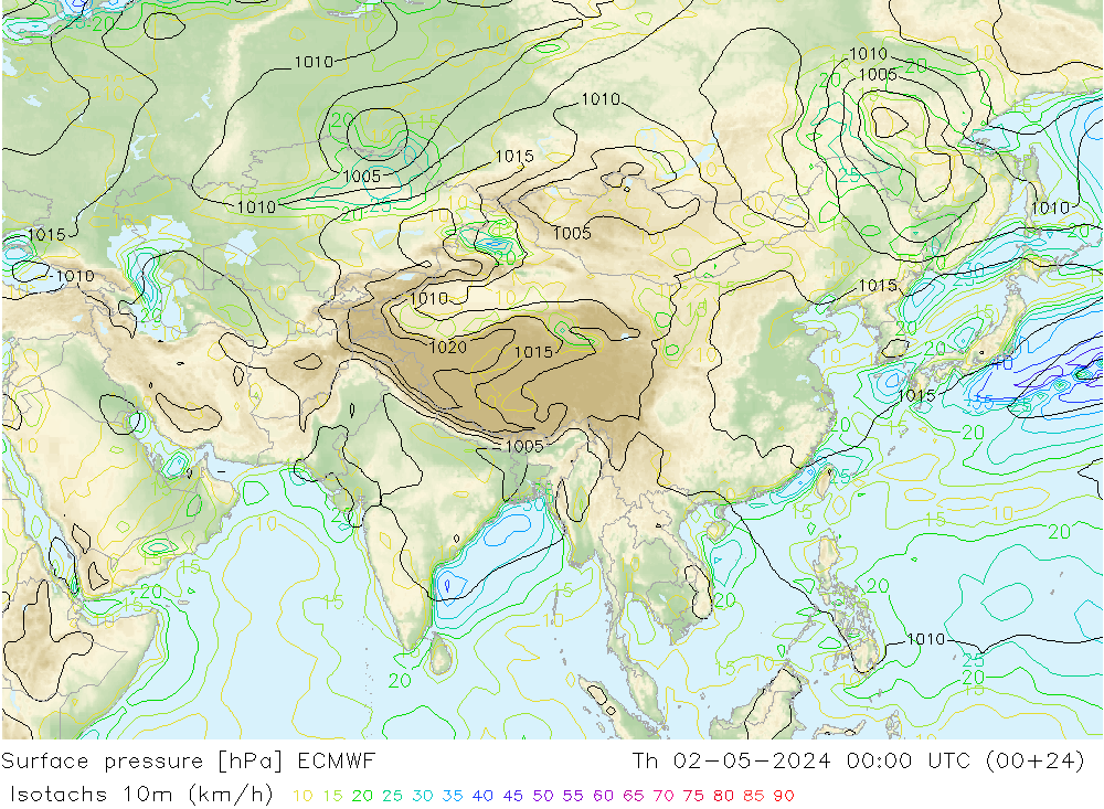 Isotachs (kph) ECMWF Qui 02.05.2024 00 UTC