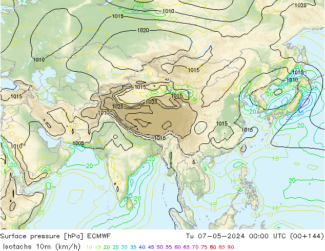 Eşrüzgar Hızları (km/sa) ECMWF Sa 07.05.2024 00 UTC