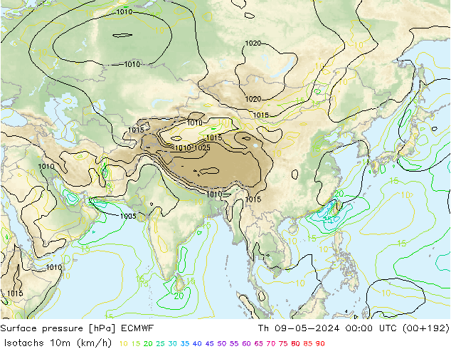 Isotachs (kph) ECMWF Čt 09.05.2024 00 UTC