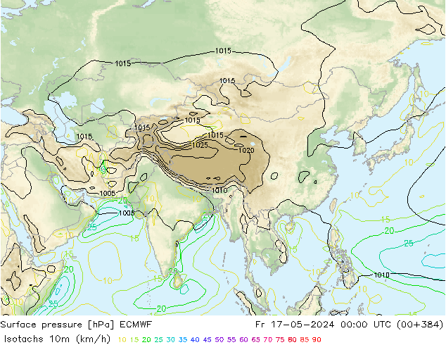 Isotachen (km/h) ECMWF vr 17.05.2024 00 UTC