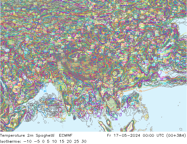 Temperatura 2m Spaghetti ECMWF ven 17.05.2024 00 UTC