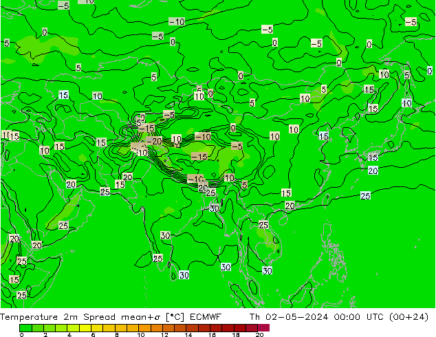 température 2m Spread ECMWF jeu 02.05.2024 00 UTC