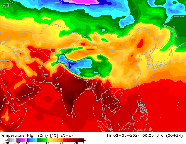 température 2m max ECMWF jeu 02.05.2024 00 UTC