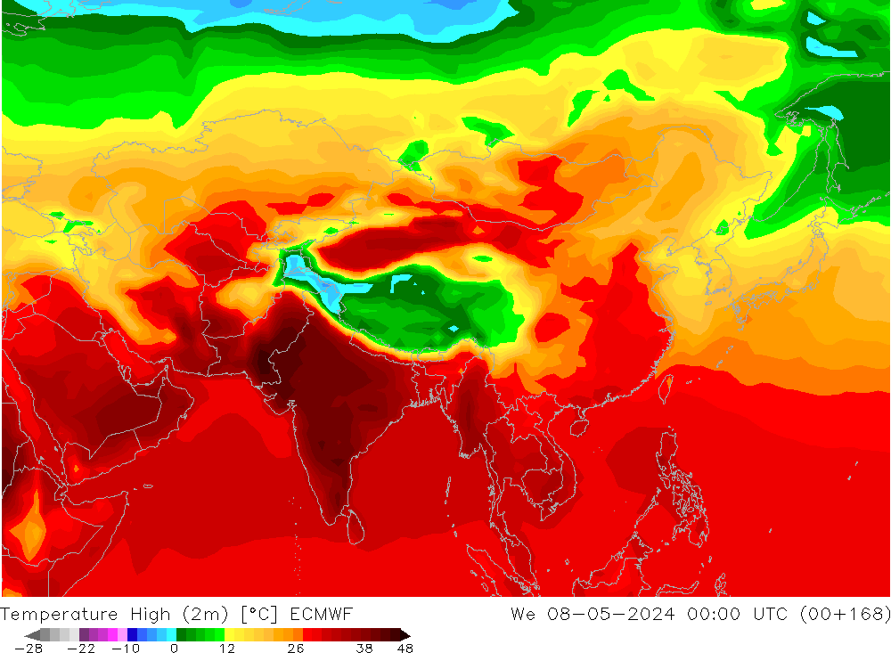 Max.temperatuur (2m) ECMWF wo 08.05.2024 00 UTC
