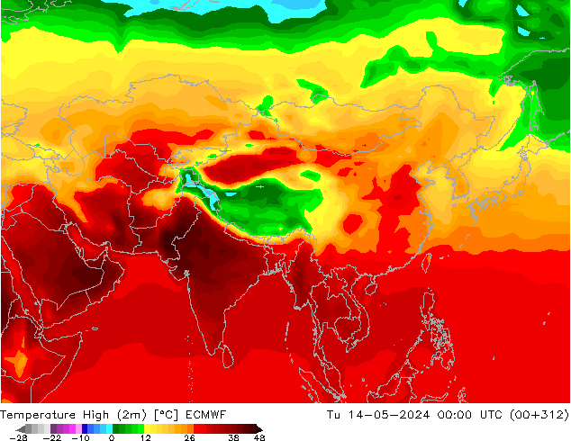 Nejvyšší teplota (2m) ECMWF Út 14.05.2024 00 UTC