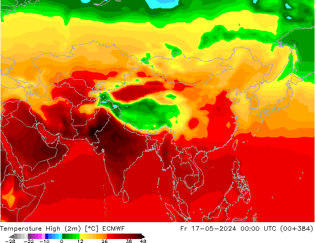 Nejvyšší teplota (2m) ECMWF Pá 17.05.2024 00 UTC