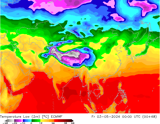 Min.temperatuur (2m) ECMWF vr 03.05.2024 00 UTC