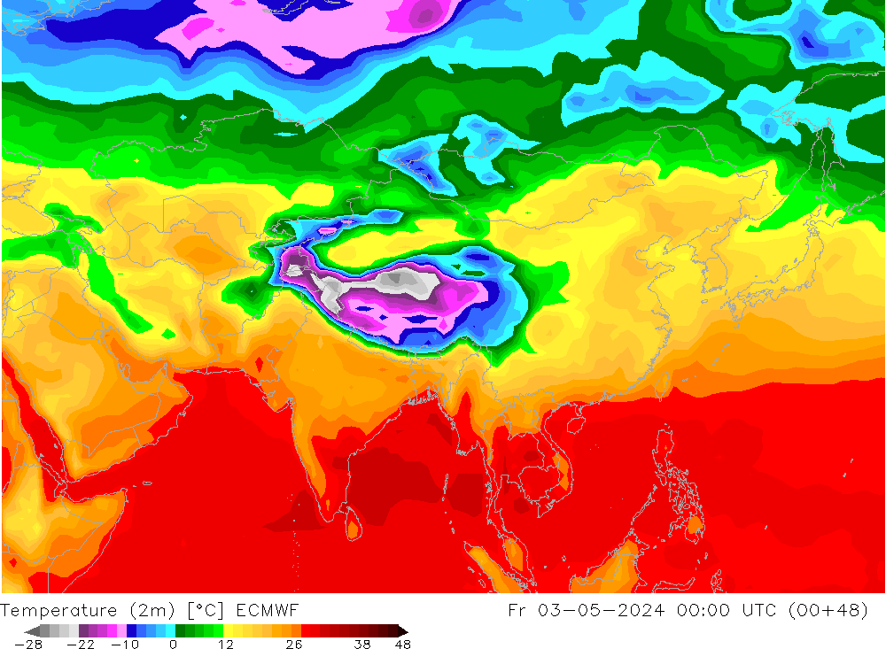 Temperatuurkaart (2m) ECMWF vr 03.05.2024 00 UTC