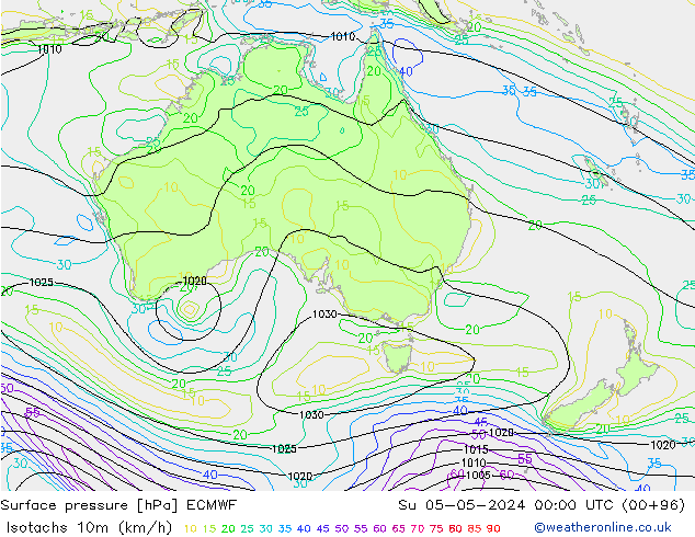 Isotachs (kph) ECMWF Su 05.05.2024 00 UTC