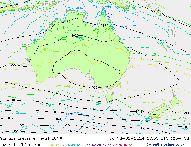 Izotacha (km/godz) ECMWF so. 18.05.2024 00 UTC