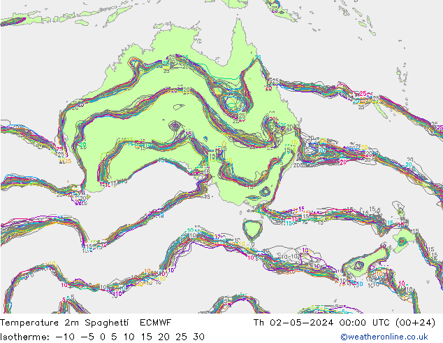 Temperatura 2m Spaghetti ECMWF gio 02.05.2024 00 UTC