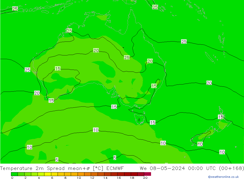 Temperatuurkaart Spread ECMWF wo 08.05.2024 00 UTC