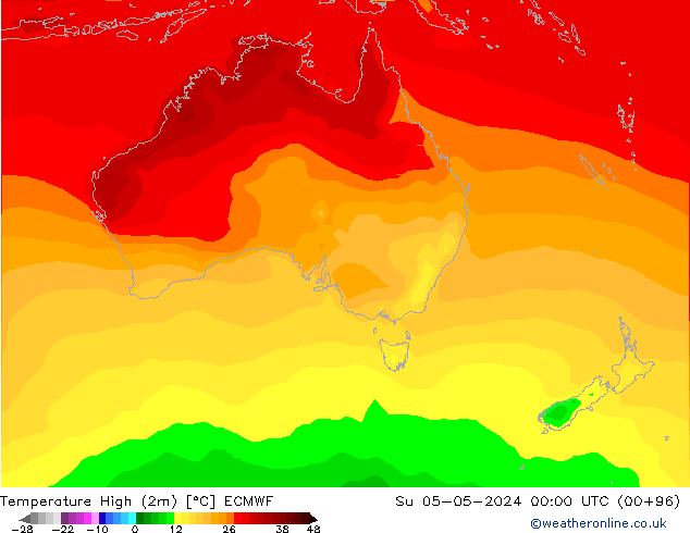 Nejvyšší teplota (2m) ECMWF Ne 05.05.2024 00 UTC