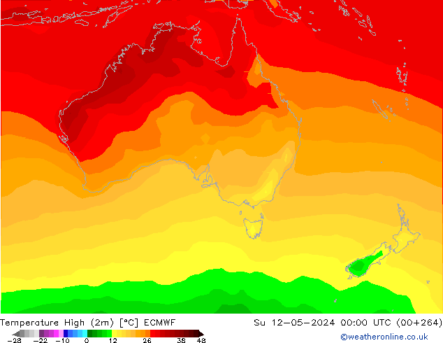 Nejvyšší teplota (2m) ECMWF Ne 12.05.2024 00 UTC