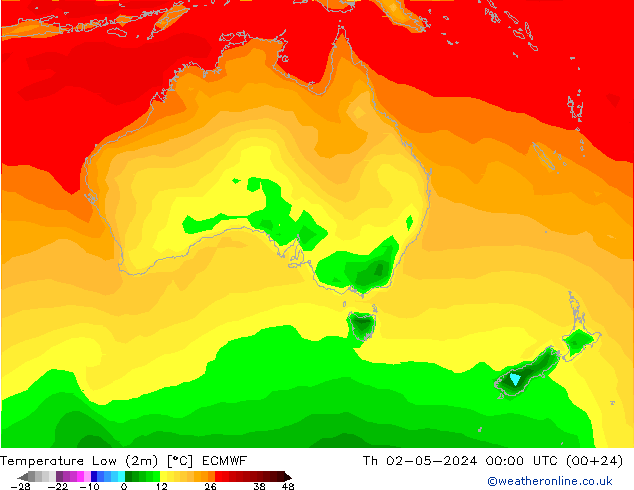 Temp. minima (2m) ECMWF gio 02.05.2024 00 UTC