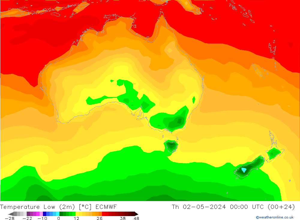 Nejnižší teplota (2m) ECMWF Čt 02.05.2024 00 UTC