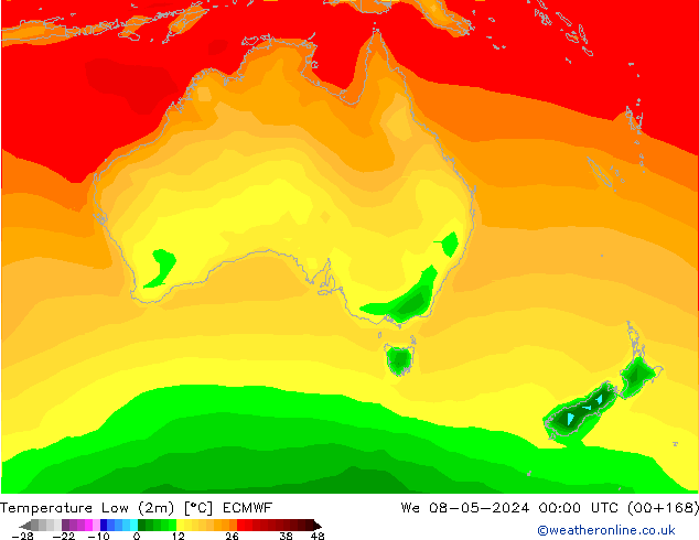 Min.temperatuur (2m) ECMWF wo 08.05.2024 00 UTC