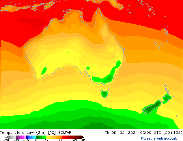 Nejnižší teplota (2m) ECMWF Čt 09.05.2024 00 UTC