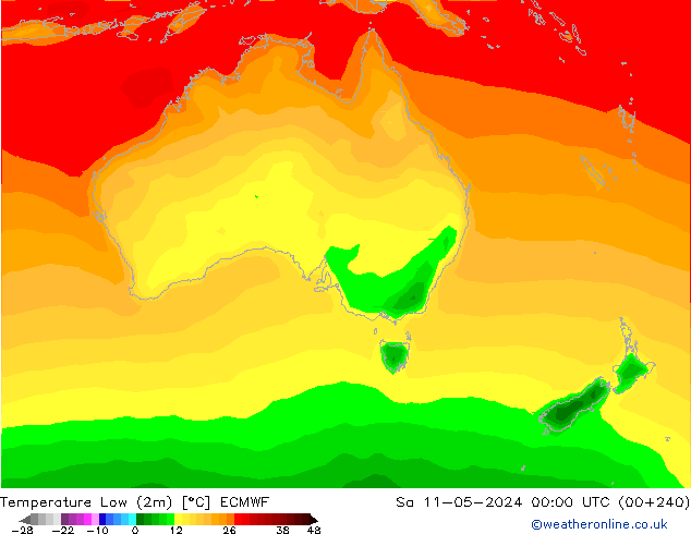 Temperature Low (2m) ECMWF Sa 11.05.2024 00 UTC