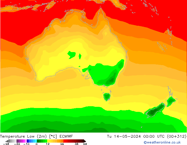 Nejnižší teplota (2m) ECMWF Út 14.05.2024 00 UTC