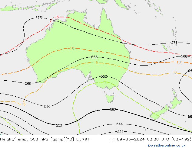 Height/Temp. 500 hPa ECMWF Čt 09.05.2024 00 UTC
