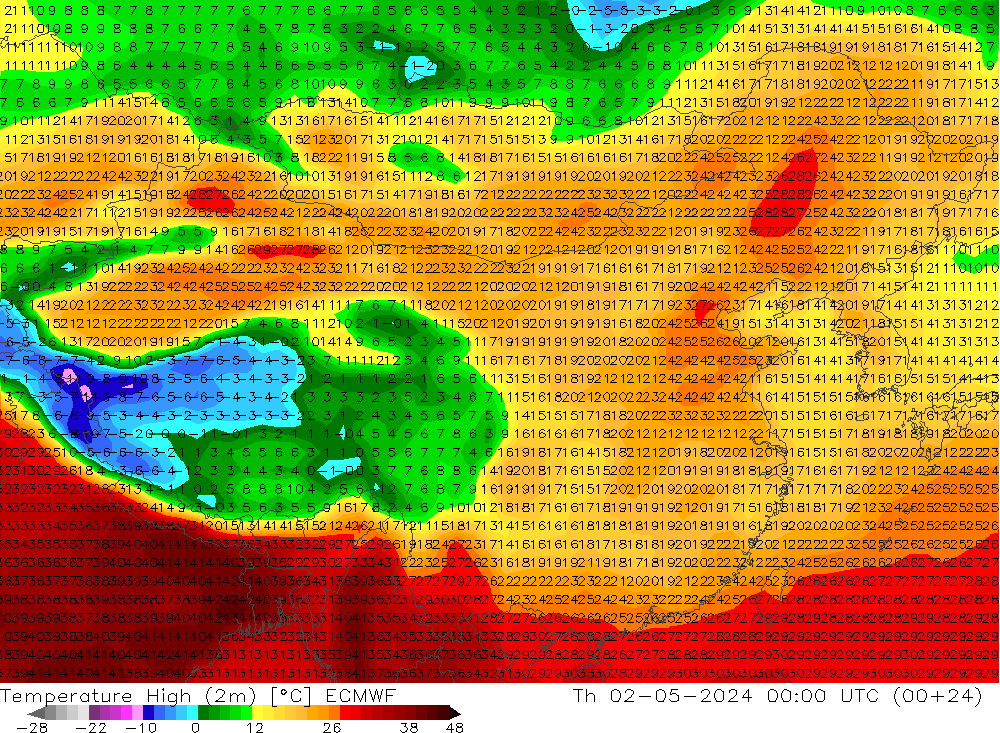 Temp. massima (2m) ECMWF gio 02.05.2024 00 UTC