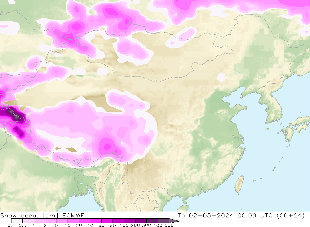 Snow accu. ECMWF 星期四 02.05.2024 00 UTC