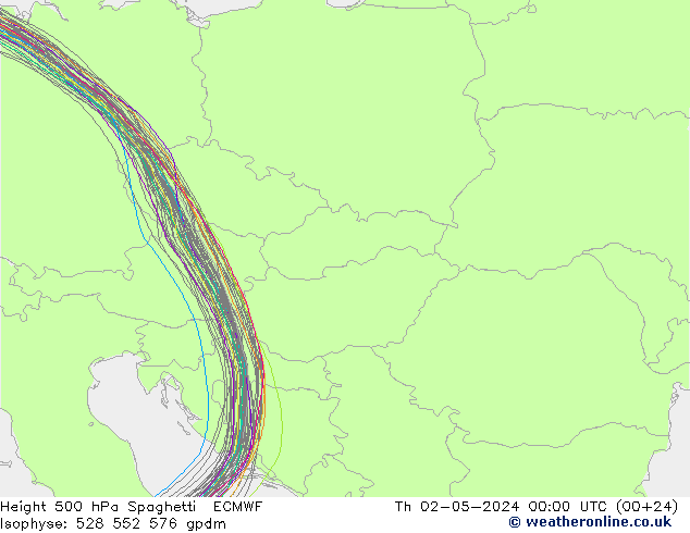 Height 500 hPa Spaghetti ECMWF Th 02.05.2024 00 UTC
