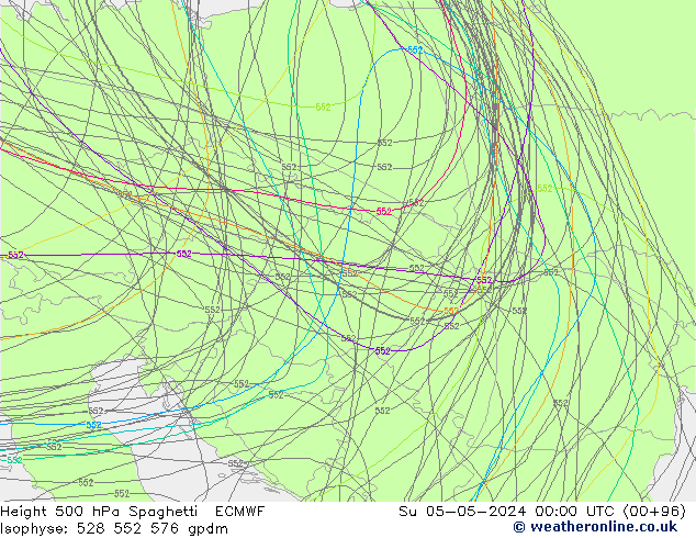 Height 500 hPa Spaghetti ECMWF nie. 05.05.2024 00 UTC