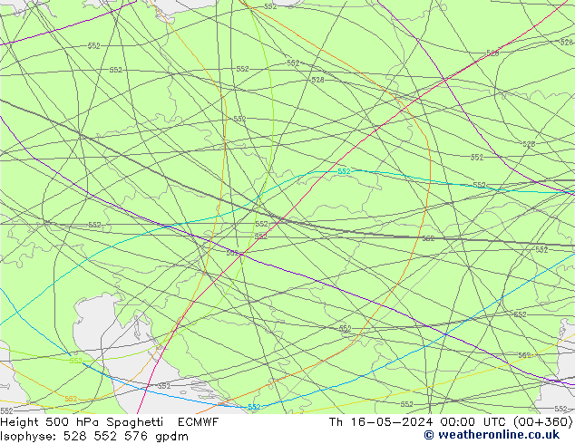 Height 500 hPa Spaghetti ECMWF Čt 16.05.2024 00 UTC
