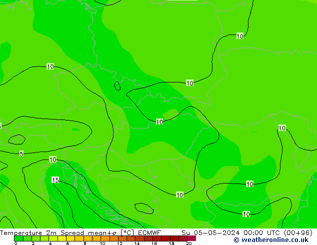 Temperature 2m Spread ECMWF Ne 05.05.2024 00 UTC