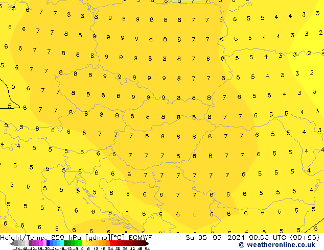 Hoogte/Temp. 850 hPa ECMWF zo 05.05.2024 00 UTC