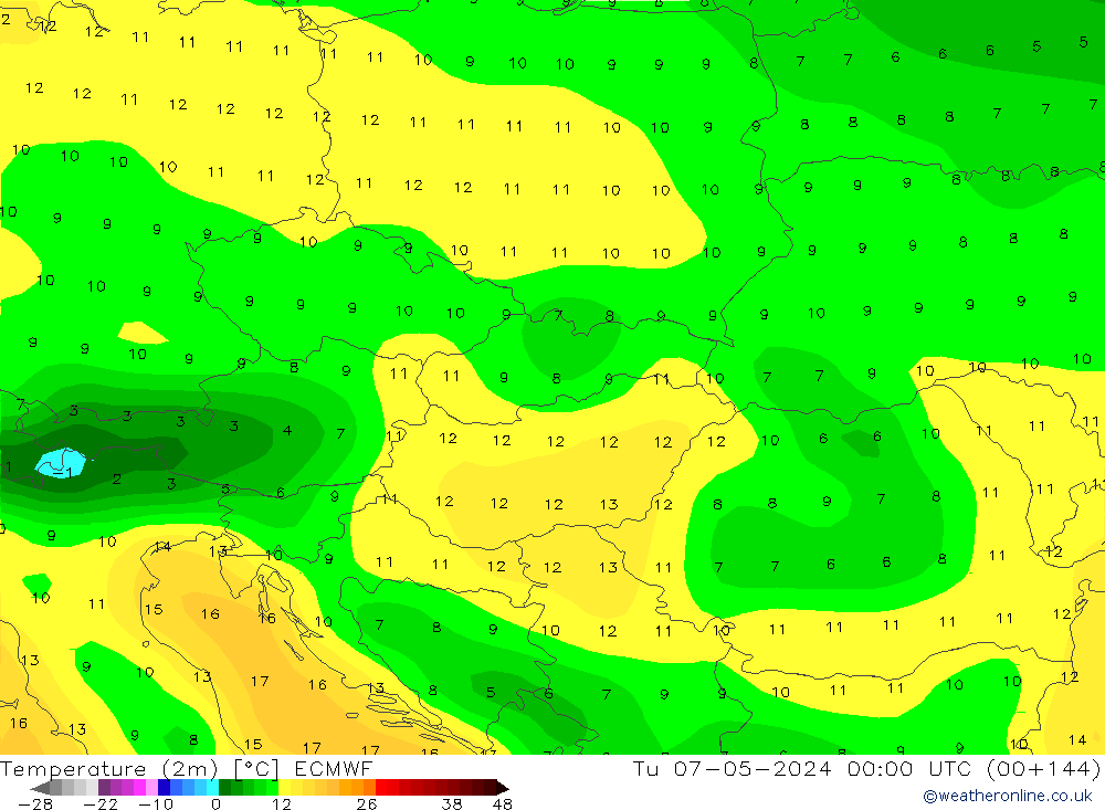 Temperature (2m) ECMWF Út 07.05.2024 00 UTC