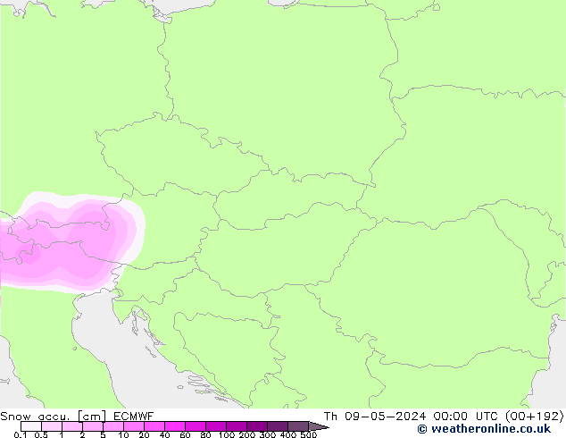 Snow accu. ECMWF Čt 09.05.2024 00 UTC