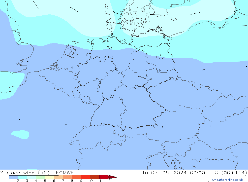 �N 10 米 (bft) ECMWF 星期二 07.05.2024 00 UTC