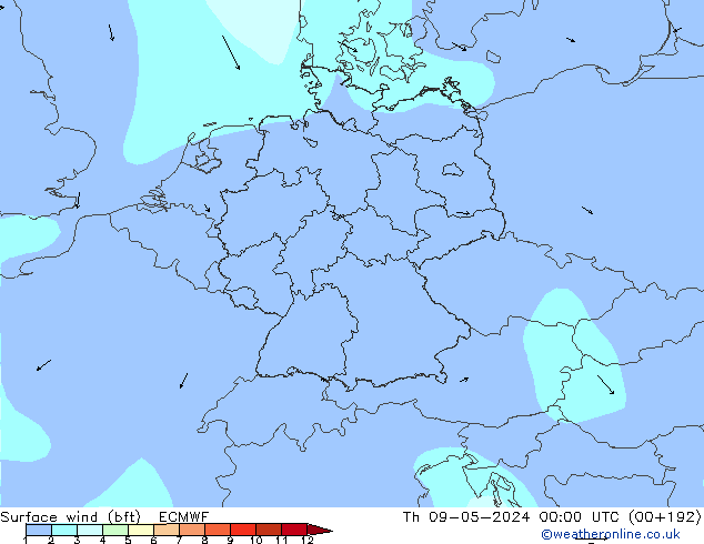 Viento 10 m (bft) ECMWF jue 09.05.2024 00 UTC