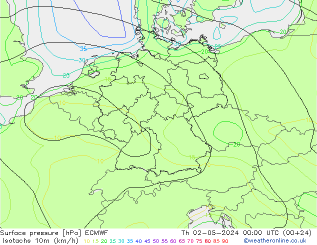 Isotaca (kph) ECMWF jue 02.05.2024 00 UTC