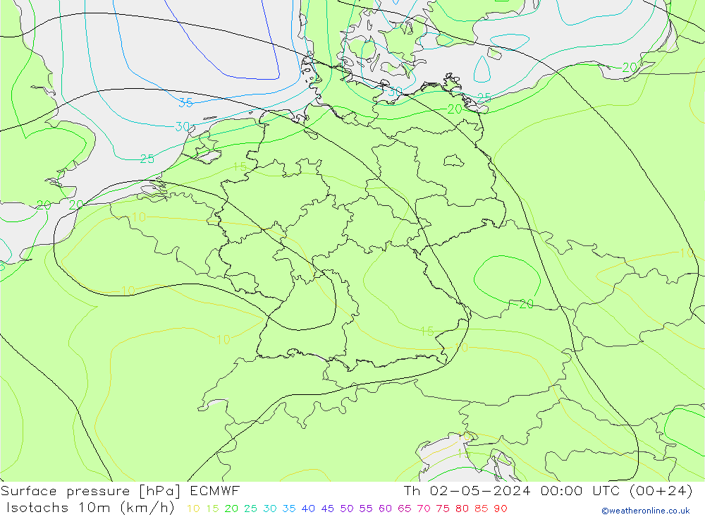 Isotachs (kph) ECMWF чт 02.05.2024 00 UTC