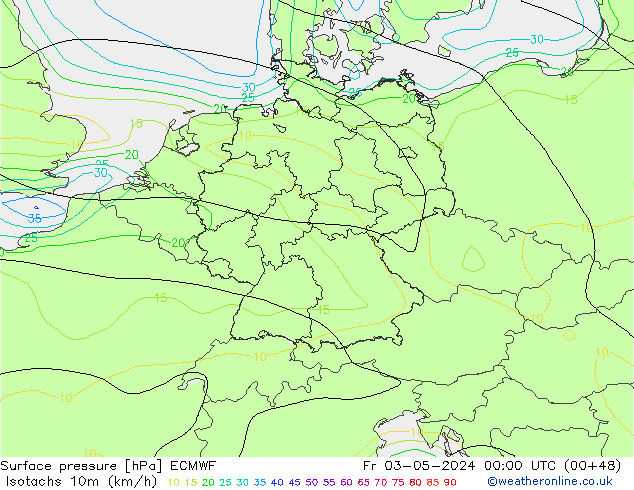 Isotachs (kph) ECMWF ven 03.05.2024 00 UTC
