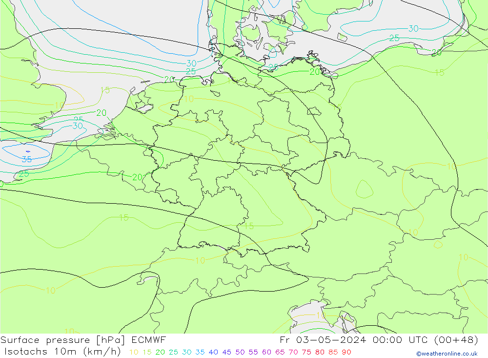 Isotachen (km/h) ECMWF vr 03.05.2024 00 UTC