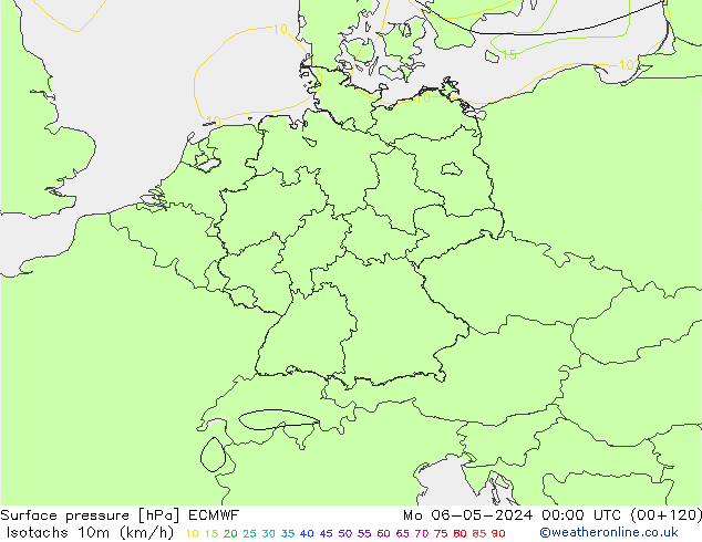 Isotachen (km/h) ECMWF ma 06.05.2024 00 UTC