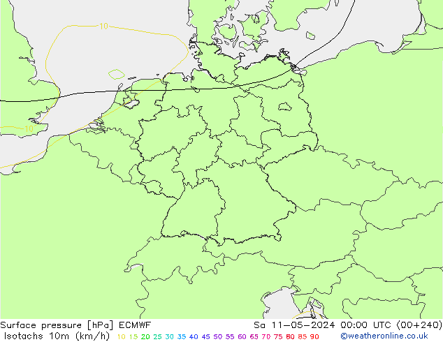 Isotachs (kph) ECMWF Sa 11.05.2024 00 UTC