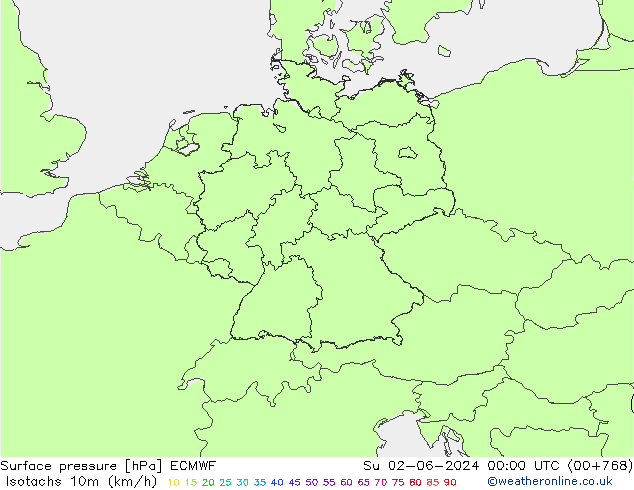 Isotachen (km/h) ECMWF So 02.06.2024 00 UTC